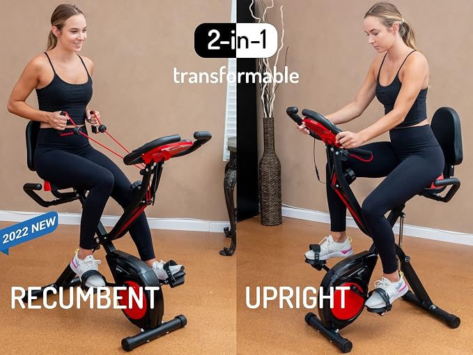 3-IN-1 Exercise Bike with Luminous Digits Display | Folding Stationary Bikes for Home Seniors | Compact Workout Bike with Fully Support Backrest - Wider Seat - 16 Level Magnetic Resistance