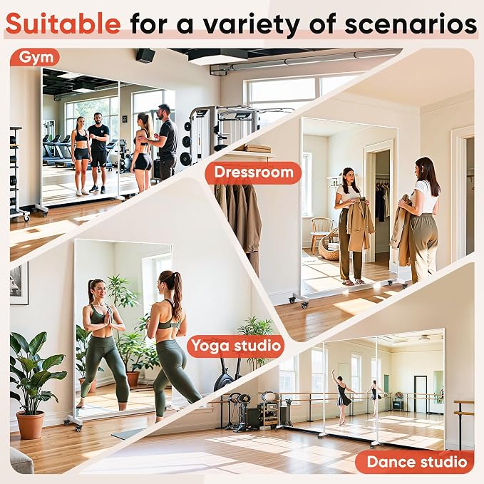 Suidia 72"x40" Extra Large Full Length Mirror on Wheels, 360° Swivel Rolling Mirror Floor, HD Tempered Glass Full Body Standing Mirrors for Home Gym, Yoga, Dance Studio, Bedroom, Rectangular, White