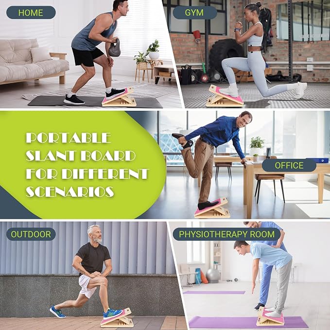 Slant Board Calf Stretching, 300 LBS Capacity Portable Wooden Incline Board | Training Poster, 5 Adjustable Angles, Non-Slip Calf Mobility Board for Legs, Ankles, Knees, Heels, Physical Therapy & Squats