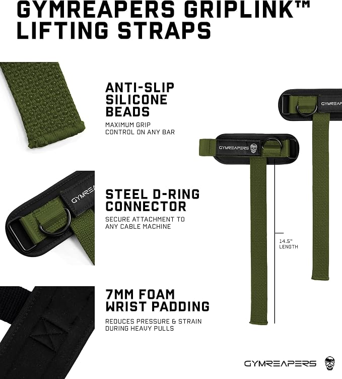 Gymreapers GripLink Lifting Straps – Heavy Duty D-Ring Weight Lifting Wrist Straps with Anti-Slip Silicone Grip Beads, Adjustable Support for Deadlifts, Powerlifting, Cable Machines & Gym Training