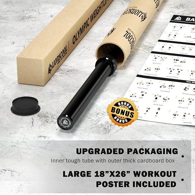 LIONSCOOL 7FT Olympic Barbell 2” Bar for Strength Training Weightlifting | 700/1000/1500lbs Weight Capacity, 2-Inch 40/45lbs Black, Silver, Red, Chrome Power Lifting, Squat, Deadlift, Presses, Row Bar