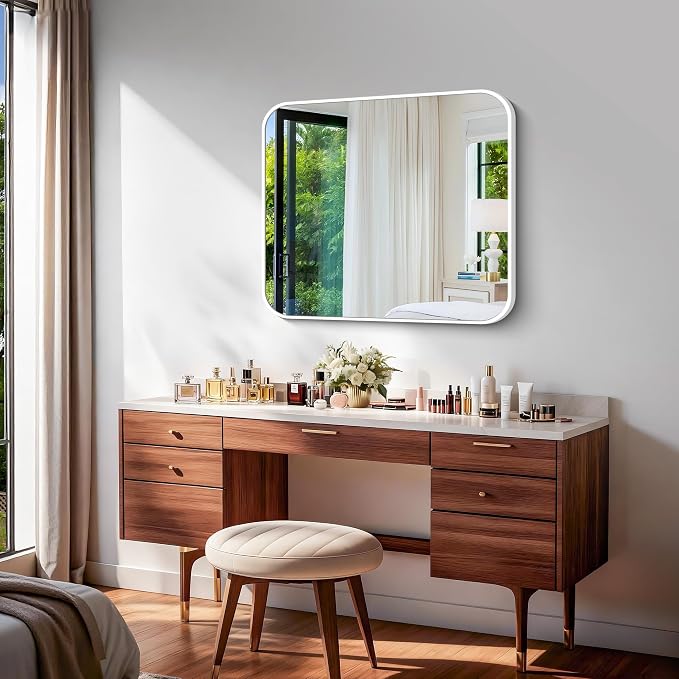 BONEWEI White Bathroom Mirror,30x36 inch Wall Mirror for Bathroom Wall Mounted,Rectangle Mirror for Bathroom Over Sink,Modern Frame Round Corner for Living Room,Bedroom Entryway,Horizontal/Vertical