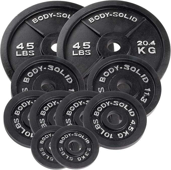 Body-Solid Cast Iron Olympic Weight Plate Set, Free Weights Dumbbell Plates with 2 Inch Standard Hole for All Olympic Barbell Types