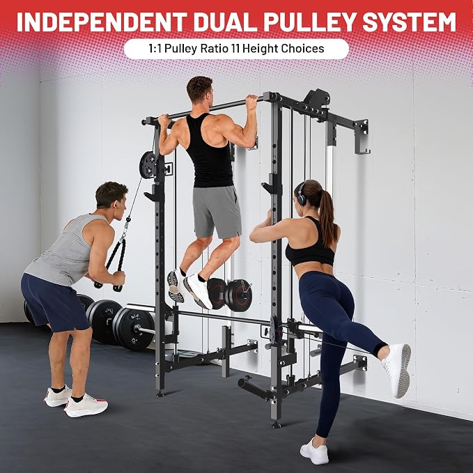 Garvee Folding Squat Rack, Wall Mounted Power Rack with Dual Independent Pulley System & Pull Up Bar, Multi-Function Power Cage with for Home Gym Space-Saving