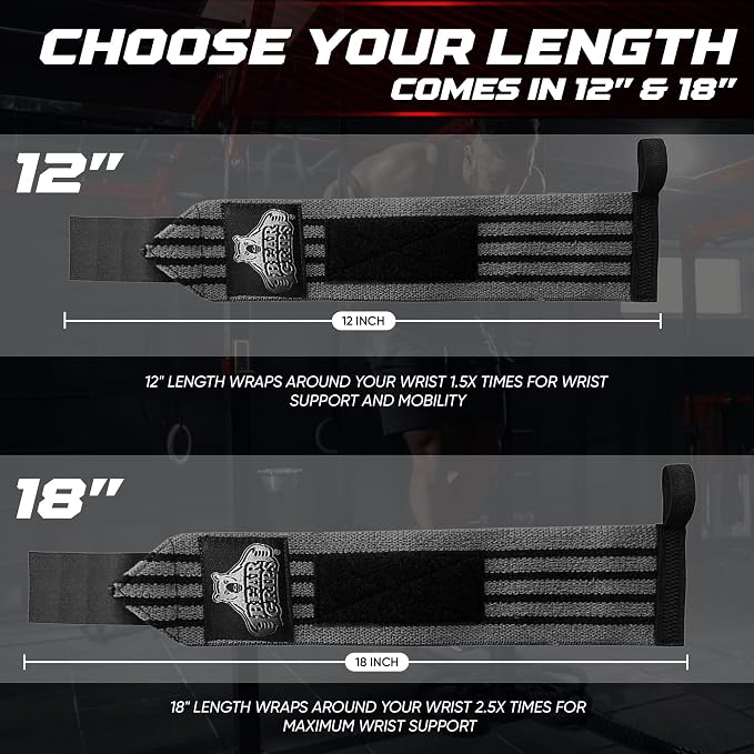 Bear Grips Wrist Wraps for Weightlifting | Weight Lifting Wrist Straps for Weightlifting | Extra Strength Gym Wrist Wraps | Two Wrist Wrap Per Pack | 12ā & 18ā | Lifting Wrist Wraps for Men & Women
