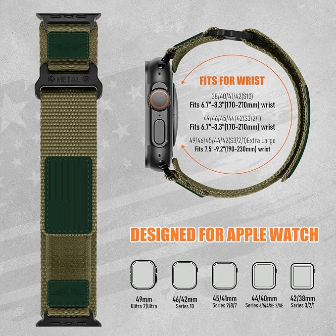 Rugged Nylon for Apple Watch Ultra 2/ Ultra 3 Band Series 11/10/9/8/7/6/5/4/3/SE iWatch Bands Men,Soft Woven Stars-Stripes Flag Wristbands Strap for Apple Watch Ultra 3/2/1 49mm 46mm 45mm 44mm 42mm