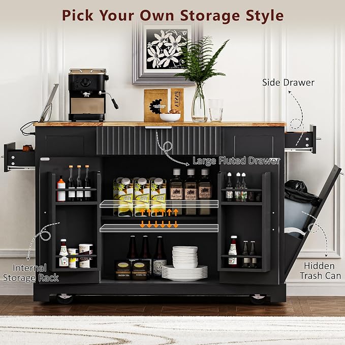 Merax Fluted Kitchen Island with Trash Can Storage Cabinet, Power Outlet, Internal Storage Rack, Rolling Kitchen Storage Cart on 5 Wheels with 3 Drawer, 3 Open Side Racks, Black