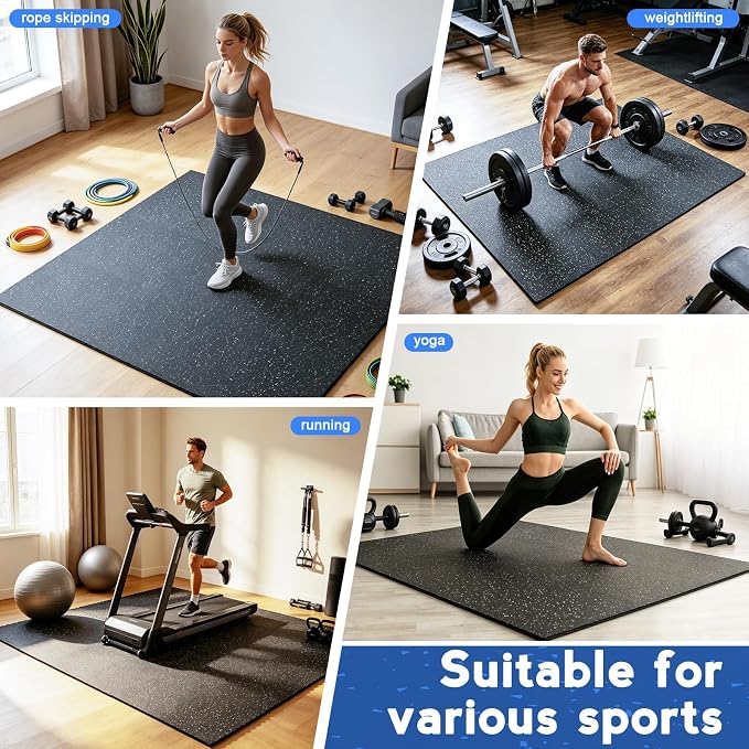 Rubber Gym Floor Mats, 12 Tiles 48 Sq Ft, 0.56" Thick Heavy Duty Gym Flooring for Home Gym, Exercise Equipment Mat for Treadmill, Weightlifting & Workout Area, Non-Slip Protective Flooring