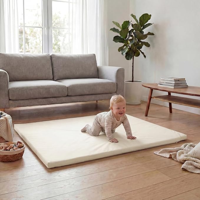 Huloo Sleep Baby Play Mat 50x50 Inches, 1.3" Thick Padded Waterproof Floor Cushion & Playpen Mat with Vegan Leather, Non-Slip & Non-Toxic Nursery Rug for Infants, Toddlers & Kids(Cream)
