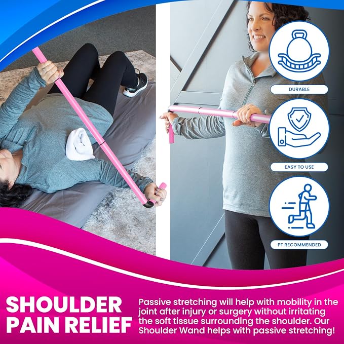 RangeMaster ShoulderWand Therapy Stretching Tool│Collapsible Stretching Bar│Physical Therapy Tool for Recovery and Increasing Motion (Pink)