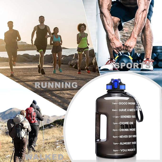 SLUXKE 1 Gallon Motivational Sports Water Bottle with Time Marker, BPA Free 128oz Leak Proof Jug, Black, Plastic, 128 ounces, Fitness, Sports, Outdoor Activities