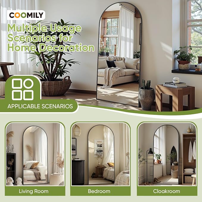 Full Length Mirror 58" L x 18" Full Body Standing Mirror for Bedroom, Living Room, Gym, Dorm - Shatter-Resistant & Easy Assembly, Arched Style Black
