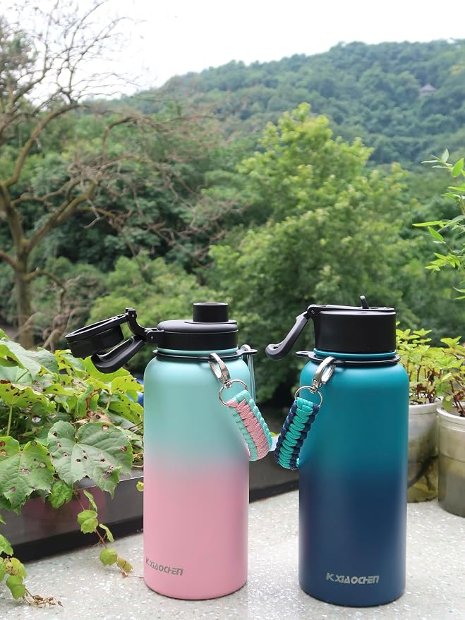KXIAOCHEN Insulated Water Bottle with Strap, 48-Hour Cold, 2 Lids | Triple-wall insulation, lead-free 18/8 Stainless steel, paracord handle, carabiner clip, for gym, hiking, camping and travel