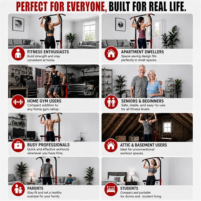 Power Tower Pull Up Dip Station Adjustable Height 330lbs Home | Space-Saving Design,Easy to Assemble,Pull-Ups,Dips,Push-Ups,Strength Training,Improving Posture,Fits Users Under 6 FT