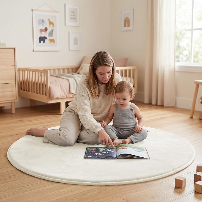 Ultra Soft Baby Play Mat for Floor,1.3" Thick Elasti-Foam 47in Round Mat for Toddlers Infant Kids,Non-Slip Backing Safe for Crawling&Tummy Time,Tatami Style(Cream)