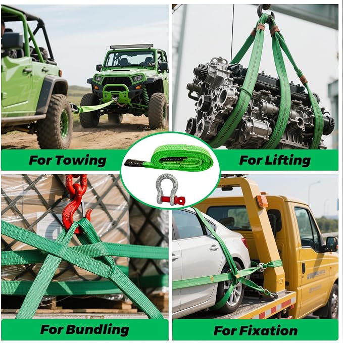 HENBOW Lift Sling Straps|2" × 6.5' Web Sling Strap with D Ring Shackles|4400Lbs Safety Work Load and 17600Lbs Breaking Load| Recovery Strap for Hoist Car Tree Saver Winch Recovery(2 Pack)