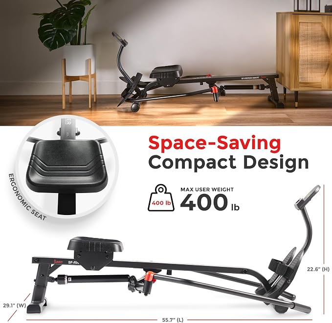 Sunny Health & Fitness Smart Full Motion Rower | 12 Resistance Levels, Dual-Arm Design, SunnyFit App Connectivity, 400 LB Capacity, Optional Back-Assist Core Trainer