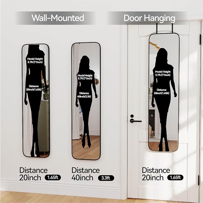 SCWF-GZ 47x14 Mirror Full Body Length Door Hanging/Rope Hang/Wall Mounted Metal Frame Rectangle Mirrors for Bedroom Bathroom Dressing Living Room 47 inch Black