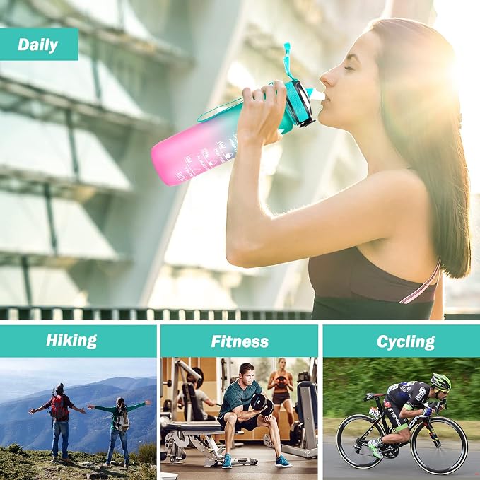 YC Kitchen Motivational Water Bottle with Time Marker - 32oz, Leak-proof BPA Free Sports Water Bottles with Straw & Carrying Strap