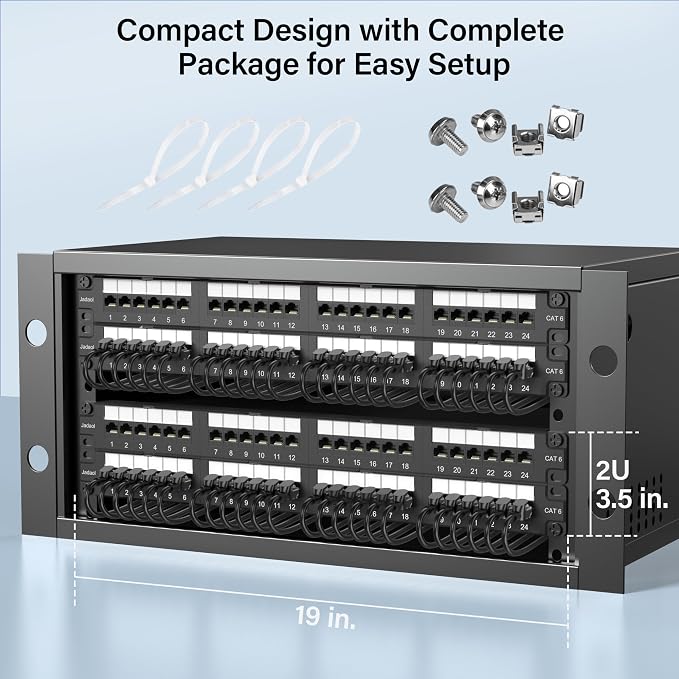 Jadaol 48 Port Patch Panel 10Gbps Rackmount Punch Down Network Panel | 110 IDC, 50μ Gold Plated RJ45 Contacts, PoE/PoE+/PoE++ Compatible, Cat6 2U RJ45 Ethernet Panel for 19-inch Racks/Cabinets