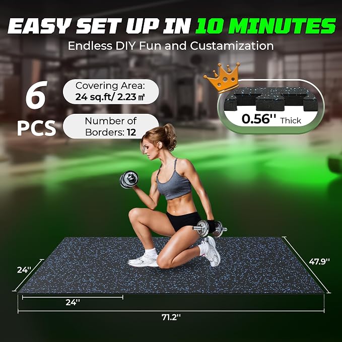 PRAISUN 0.56" Rubber Top Gym Flooring, Heavy Duty Interlocking Gym Mats for Home Gym, Non-Slip Workout Mat, 24 x 24in Large Gym Floor Mat, Protect Floors from Weights & Equipment, 24 Sq Ft, Black/Blue