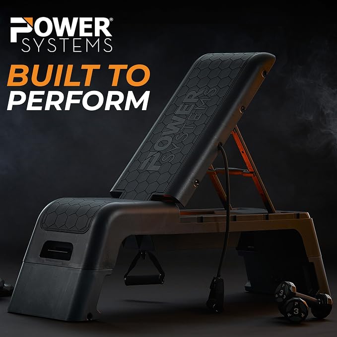 Power Systems Step Bench & Weight Bench | Aerobic Platform & Plyo Box for Cardio, Strength | Commercial Grade Full Body Home Gym Stepper | Adjustable Multifunctional Deck & Resistance Band Clips