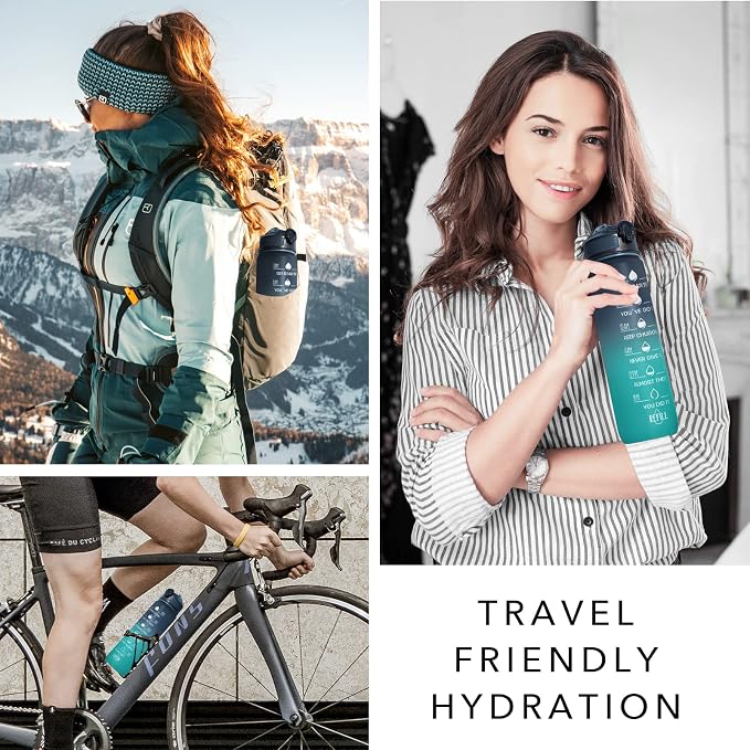 Hyeta Water Bottle with Straw & Time Marker, Plastic 32oz Leakproof | Motivational Tritan BPA Free Gym Office Outdoor Intake Tracker Hourly Reminder Straw Lid Carry Strap