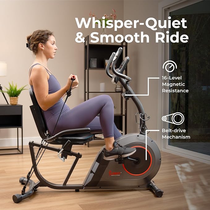 Sunny Health & Fitness Smart Recumbent Bike, Wide Cushioned Seat & Back, Indoor Cycling Machine for Adult/Seniors Home Exercise, Free SunnyFit App Connection