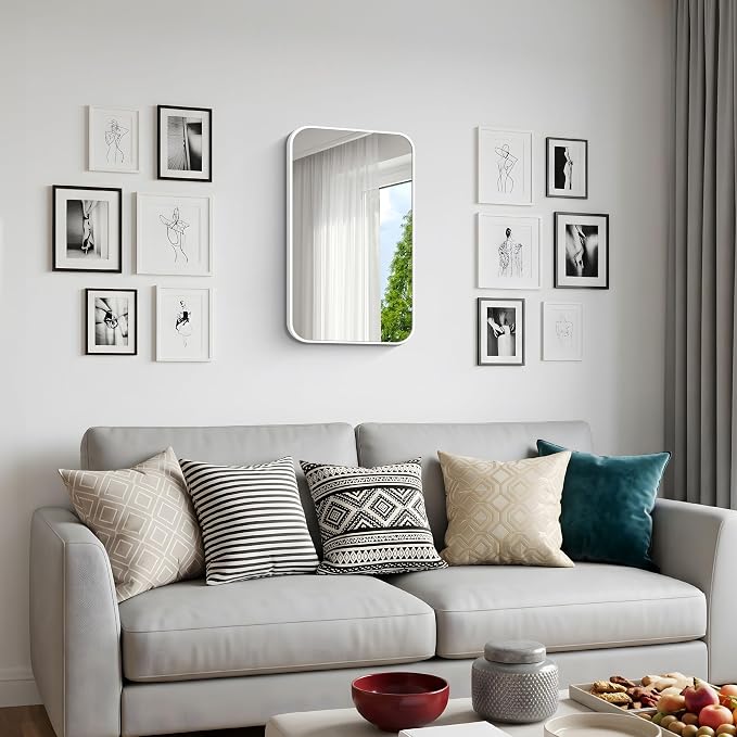 BONEWEI White Bathroom Mirror,16x24 inch Wall Mirror for Bathroom Wall Mounted,Rectangle Mirror for Bathroom Over Sink,Modern Frame Round Corner for Living Room,Bedroom Entryway,Horizontal/Vertical