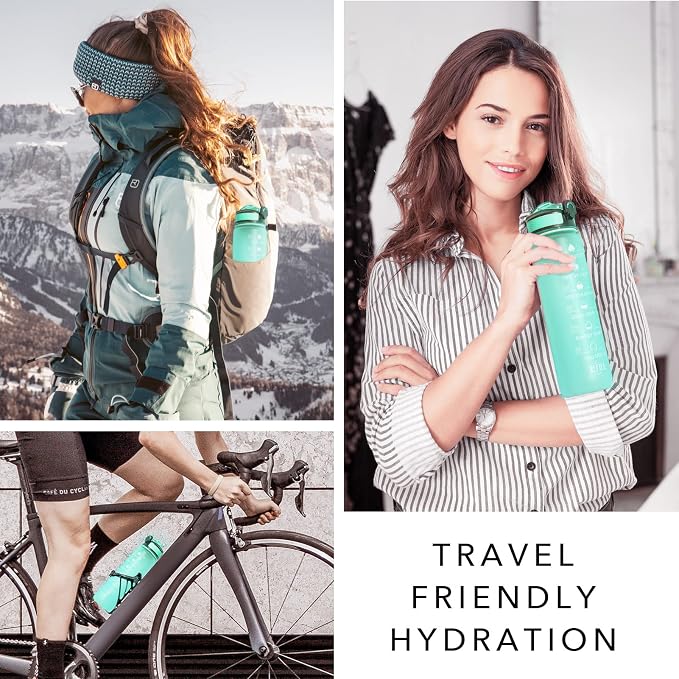 Hyeta Water Bottle with Straw & Time Marker, Plastic 32oz Leakproof | Motivational Tritan BPA Free Gym Office Outdoor Intake Tracker Hourly Reminder Straw Lid Carry Strap