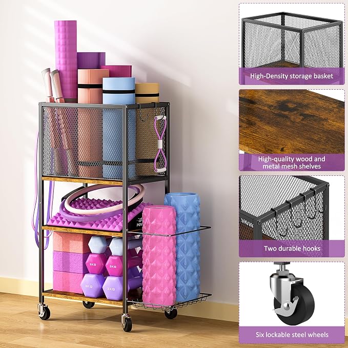 Dumbbell Rack, Yoga Mat Storage Holder, Home Gym Storage Rack, Workout Equipment Storage Organizer, Weight Storage Holder Rack with Hooks and Wheels