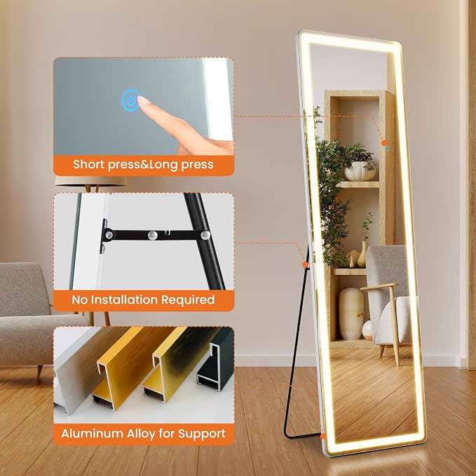 NEWBULIG 60"x16" LED Full Length Mirror, Full Body Standing Mirror, White | Leaning or Standing, Tempered Glass, Aluminum Alloy Thin Frame Floor Stand for Bedroom, Cloakroom