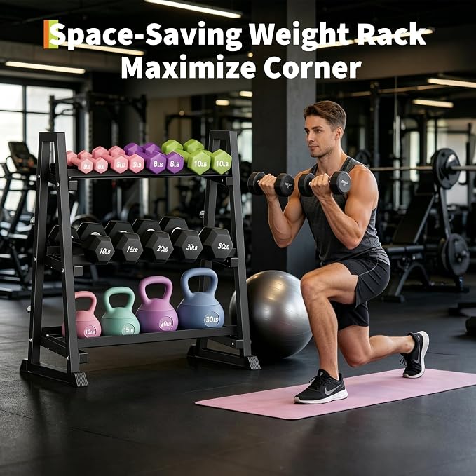 3-Tiers Dumbbell Rack, 1300LB Capacity Adjustable Weight Rack for Home Gym, H-Frame & Trapezoidal-Frame Weight Stand for Dumbells, Kettlebells, Barbells, Weight Plates