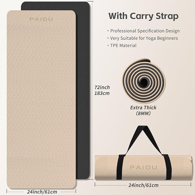 PAIDU Yoga Mat 8mm TPE Non‑Slip Fitness Mat with Strap for Home Workouts | SGS Certified, Odorless, Tear‑Resistant, Unisex, for Yoga, Pilates, Meditation, Home & Gym Workouts