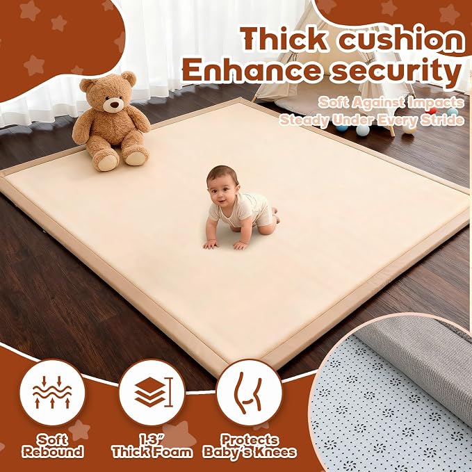 Baby Play Mat for Floor, 71'' x 59'' Thicken Foam Soft Padded Playmat for Tummy Time, Playpen Mat for Toddlers Infant Kids, Water-Repellent Coral Velvet, Non-Slip Bottom Safe for Crawling (Brown)