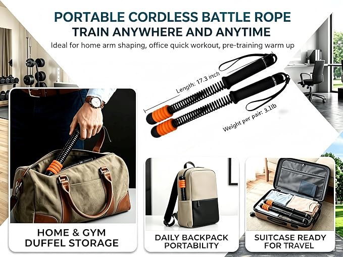 Weighted Cordless Battle Ropes with 10 Adjustable Resistance Rings-17.3" Portable Fitness Ropes for Home Gym Office&Travel, HIIT Strength Training&Full Body Cardio for Men&Women (2 PCS, Black)