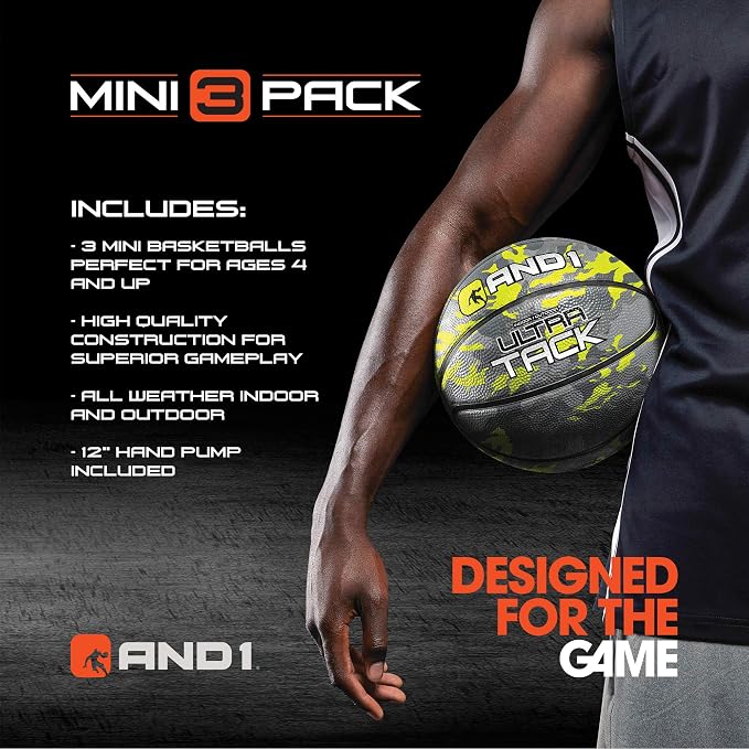 AND1 Mini Basketball Pack Set for Kids (Deflated w/Pump Included): - 7-Inch Premium Youth Size Basketballs, Easy to Grip
