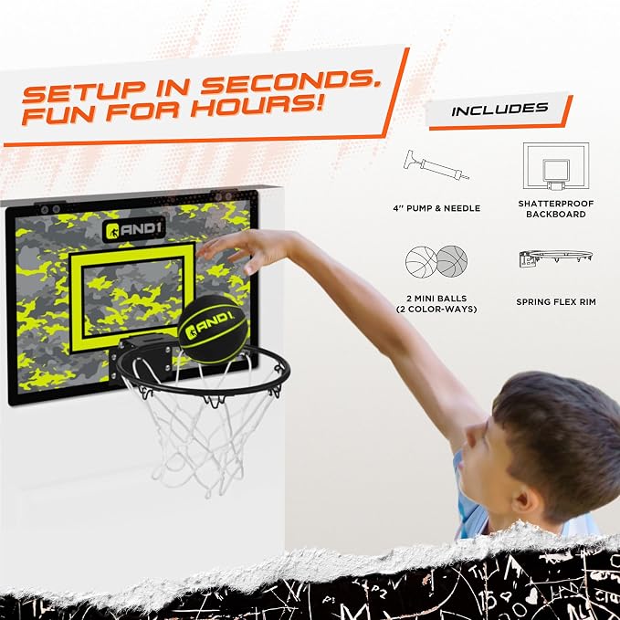 AND1 Over the Door Mini Basketball Hoop: 18x12 Shatterproof Backboard, 2 Mini Basketballs, and Hand Pump Included- Ultimate Indoor Basketball Accessory for Kids and Adults, No Tools Required