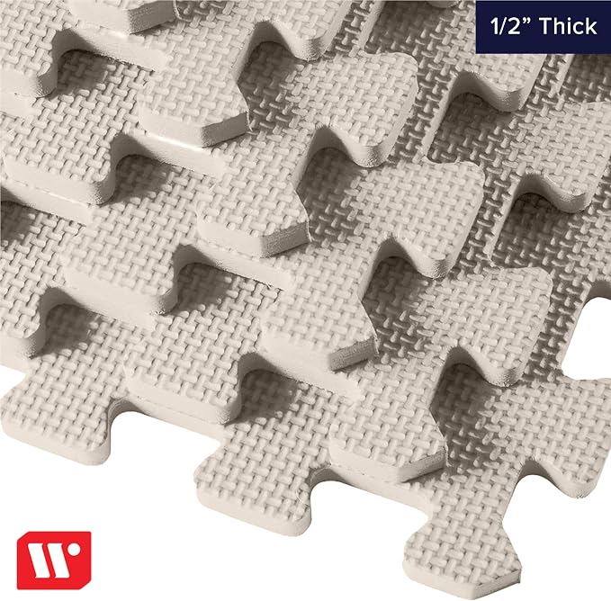 We Sell Mats 1/2" Thick Multipurpose EVA Foam Exercise Floor Mat, Interlocking Tiles, Anti-Fatigue for Home or Gym, 24 in x 24 in, 12 Tiles, Cream