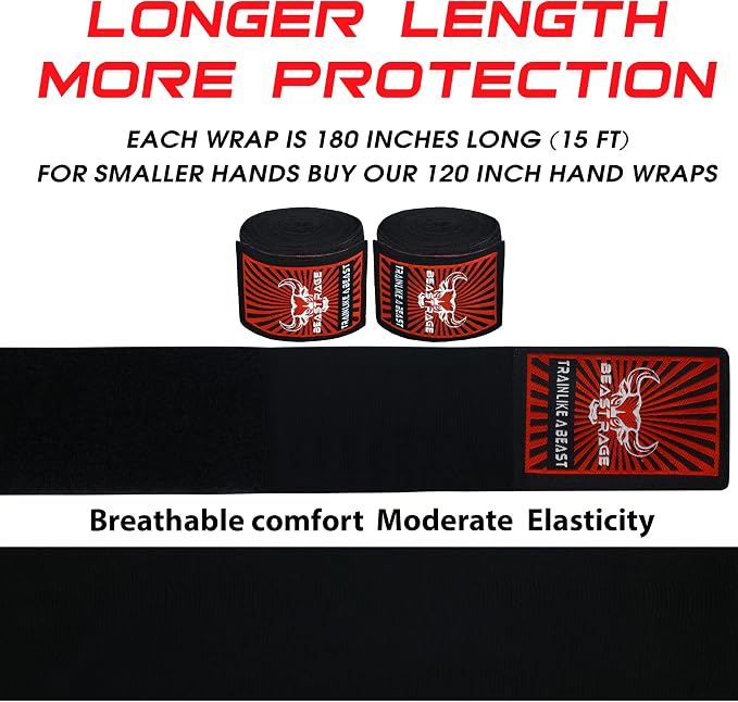 BEAST RAGE Boxing Hand Wraps for MMA Kickboxing Wrist Wraps Professional Adult 180" Semi-Elastic Martial Arts Inner Gloves Heavy Bag Handwraps Muay Thai Thumb Straps