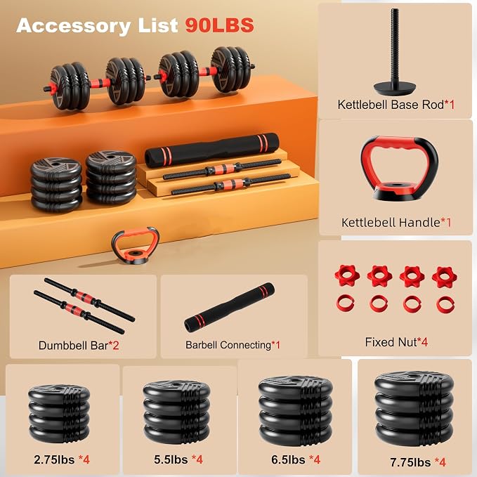 Adjustable Dumbbell Set, 20/30/45/70/90lbs, 5 in 1 Multi-Function Dumbbells | Converts to Barbell Kettlebell&Push up Stand, Free Weight Set for Home Gym Workout, Suitable for Men/Women Strength Training