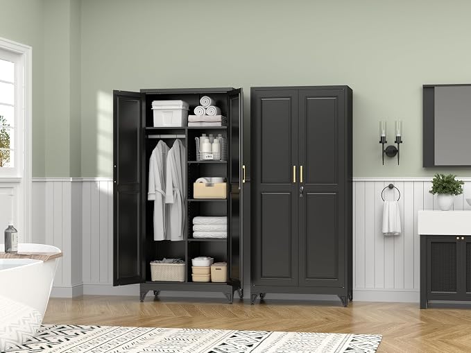 Polup 71" Tall Metal Armoire Wardrobe Closet with Lock | Heavy Duty Steel Clothing Storage Cabinet with Hanging Rod, 3 Adjustable Shelves & 2 Doors for Bedroom, Office, Broom, Black