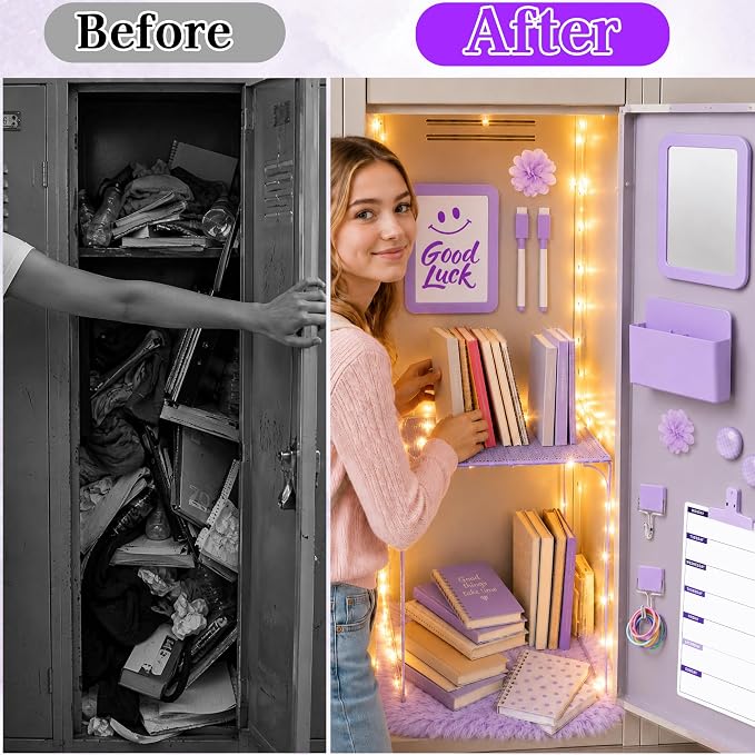 17 PCS Locker Accessories for Girls Locker Decoration Kit with Shelf Magnetic Mirror Whiteboard Pen Holder Rug Wallpaper Lights Lockers Organizer Set for School Dorm Gym Office (Purple)