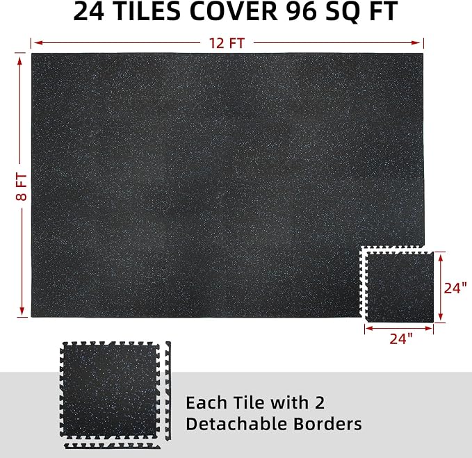 0.56" Rubber Top Gym Flooring, 24 Tiles 96 Sq Ft Heavy Duty Interlocking Gym Mats for Home Gym, Non-Slip High Density EVA Foam Workout Mat, Protect Floors from Weights, 24x24in, Black/Blue