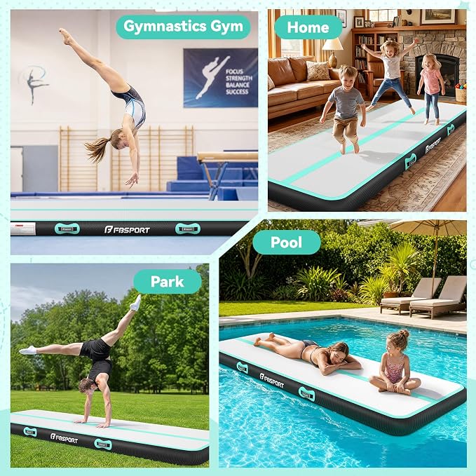 FBSPORT 6.6ft/10ft/13ft/16ft/20ft Inflatable Air Gymnastics Training Mat | 4/6/8 inches Thickness Inflatable Mat, with Electric Pump, Suitable for Home Training/Cheerleading/Yoga/Water
