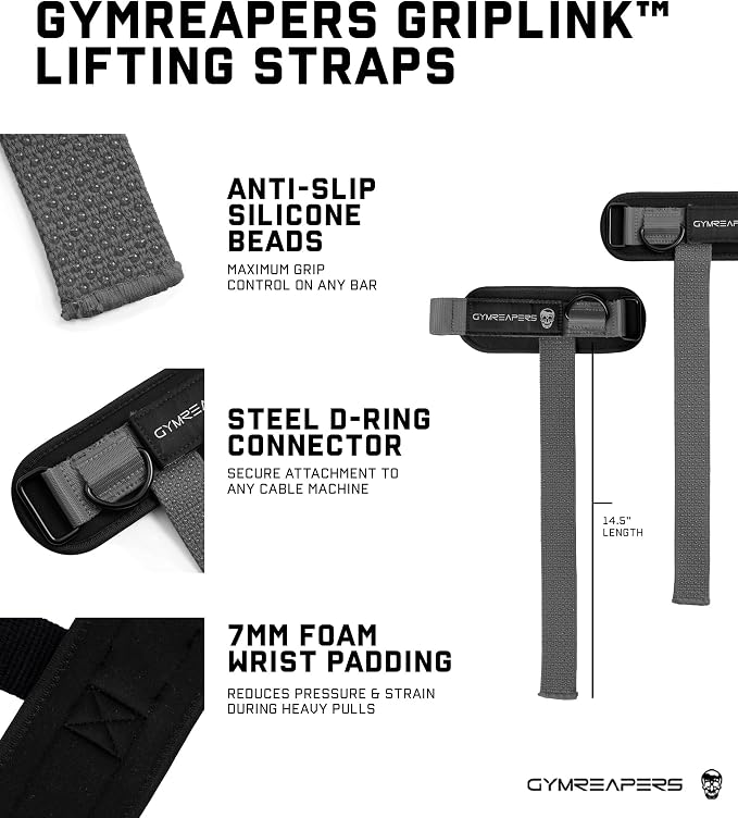 Gymreapers GripLink Lifting Straps – Heavy Duty D-Ring Weight Lifting Wrist Straps with Anti-Slip Silicone Grip Beads, Adjustable Support for Deadlifts, Powerlifting, Cable Machines & Gym Training