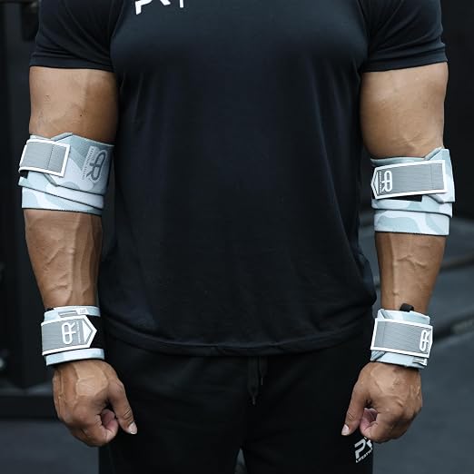 Elbow Wraps for Weightlifting - Heavy Duty Construction, 25% More Elasticity, Reinforced Stitching, Extra Wide Fastener, Easy to Adjust, (Snow Camo)