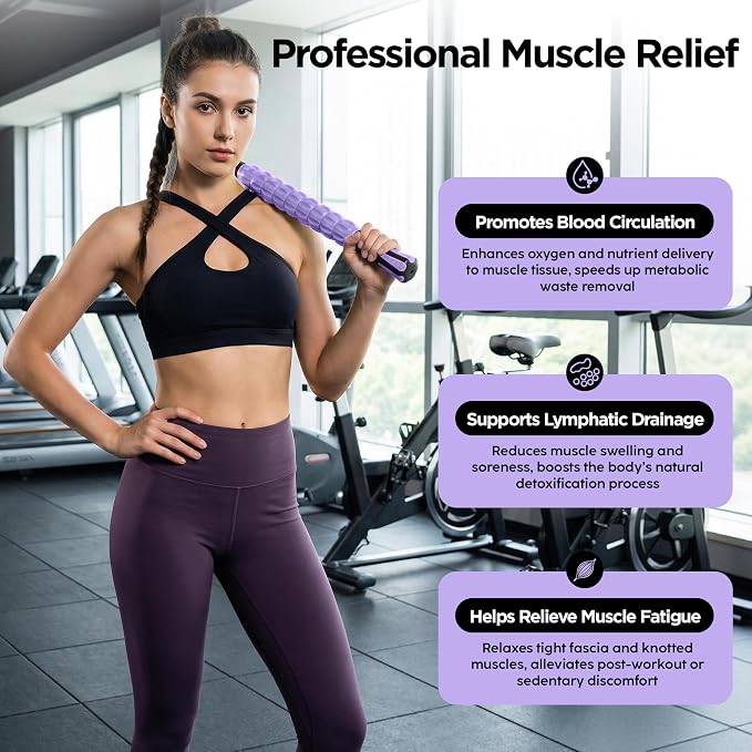 Muscle Roller & Massage Roller Stick for Athletes - Lymphatic Drainage Support, Relieves Muscle Soreness, Cramping & Tightness - Targets Legs, Arms, Back & Calves (Purple Wheel)