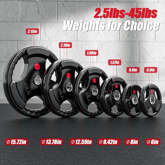 Gikpal Olympic Weight Plates, 2-Inch Three-Grip Rubber Coated Barbell Plates with Steel Hub, Cast Iron Weights for Strength Training & Home Gym, Pair or Sets (2.5–45LB)