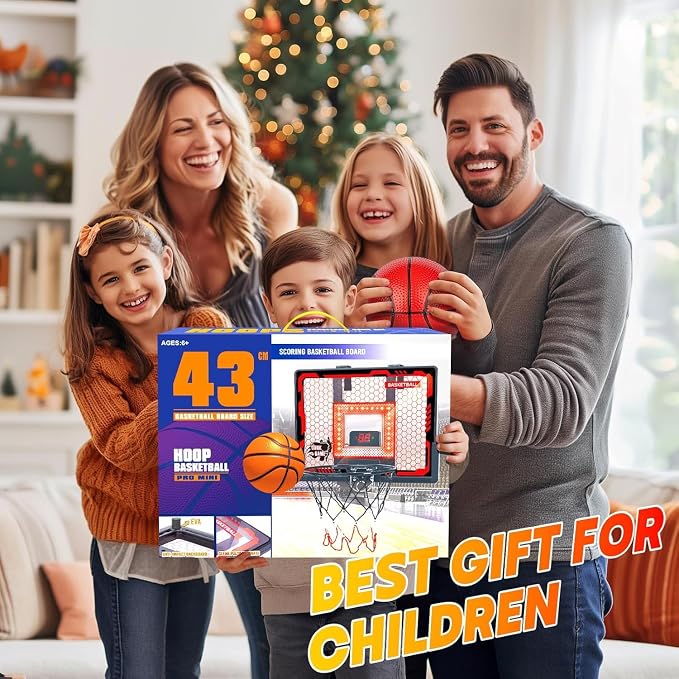 Indoor Basketball Hoop Pro for Kids, Over The Door Basketball Hoop with LED Light/Scoreboard/4 Balls- Upgraded Anti-Impact Backboard, Basketball Toys Gifts for 6 7 8 9 10 11 12 Year Old Boys